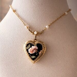 1928 Jewelry Company Black and Gold Heart Locket Necklace Rose Center